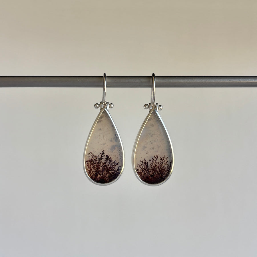 Teardrop-shaped earrings with natural design on a neutral background