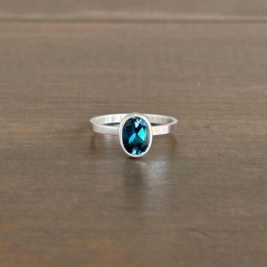 Sterling Silver & Oval Faceted Teal Topaz Stacking Ring