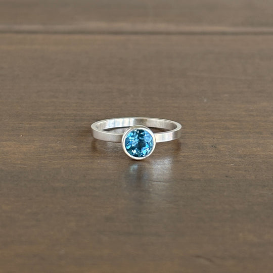 Sterling Silver & Round Faceted Swiss Blue Topaz Stacking Ring