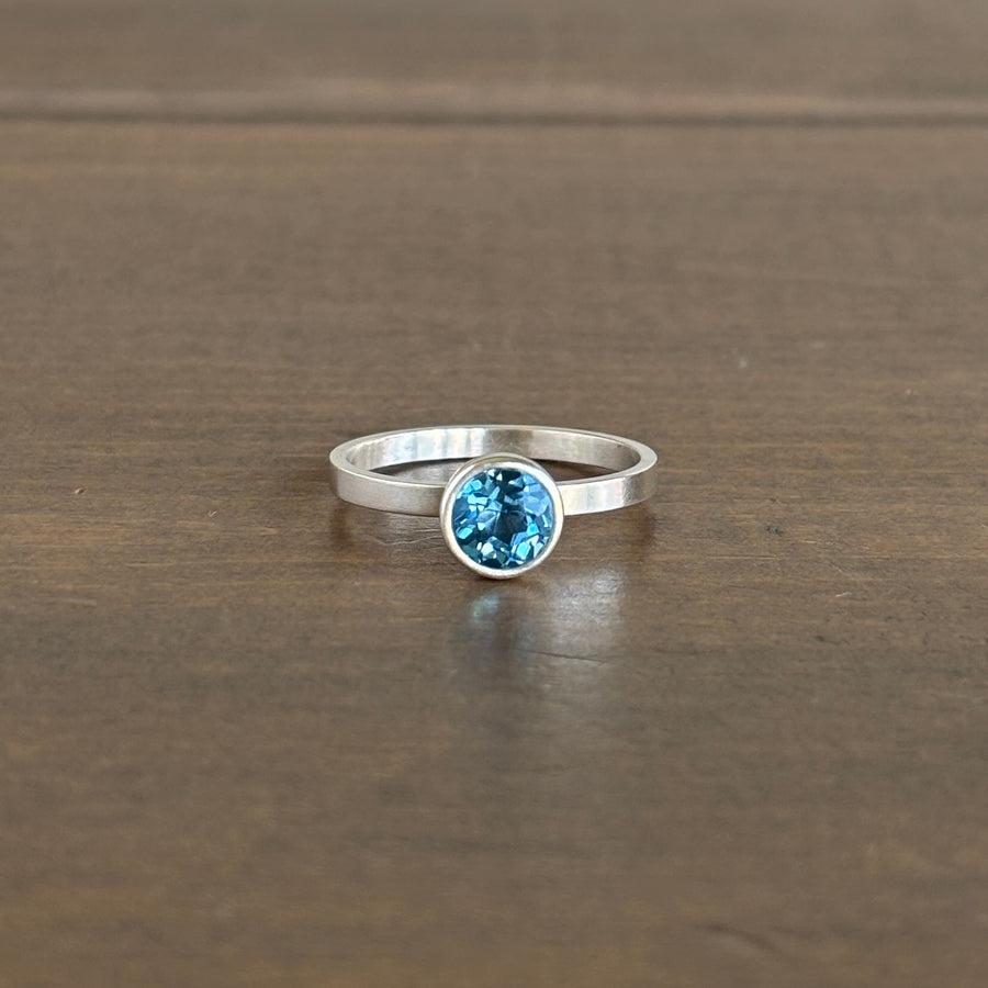 Sterling Silver & Round Faceted Swiss Blue Topaz Stacking Ring