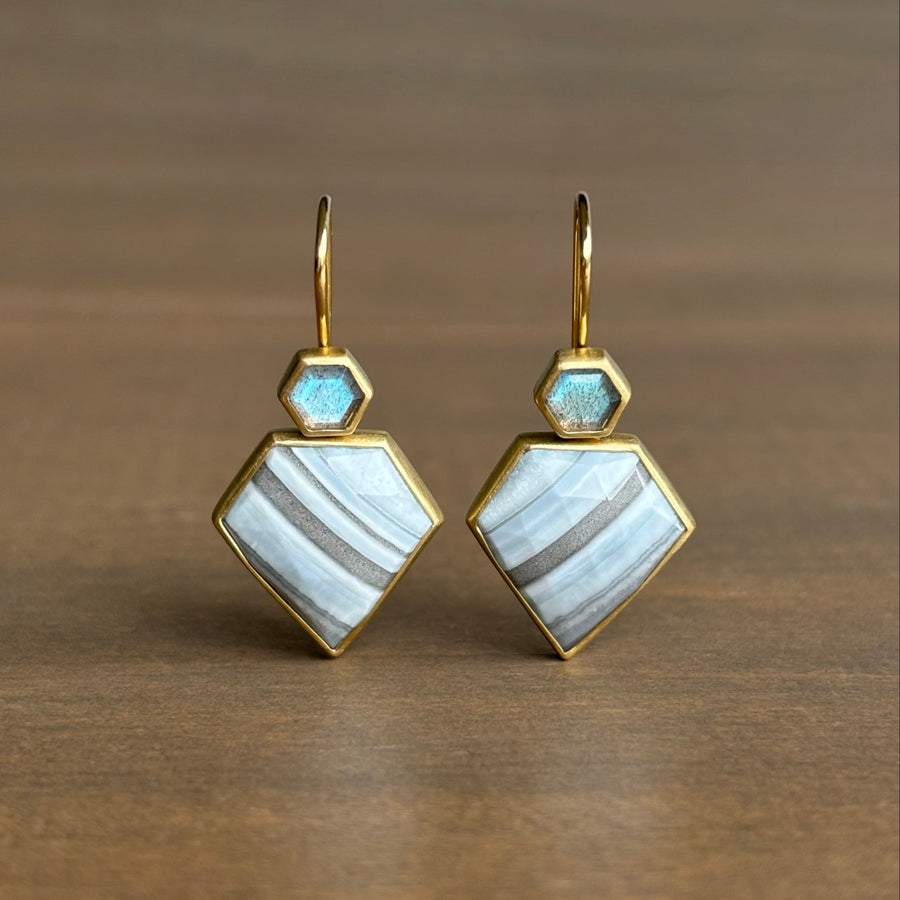 Striped Blue Opal Shield & Labradorite Hexagon Earrings by Monika Krol