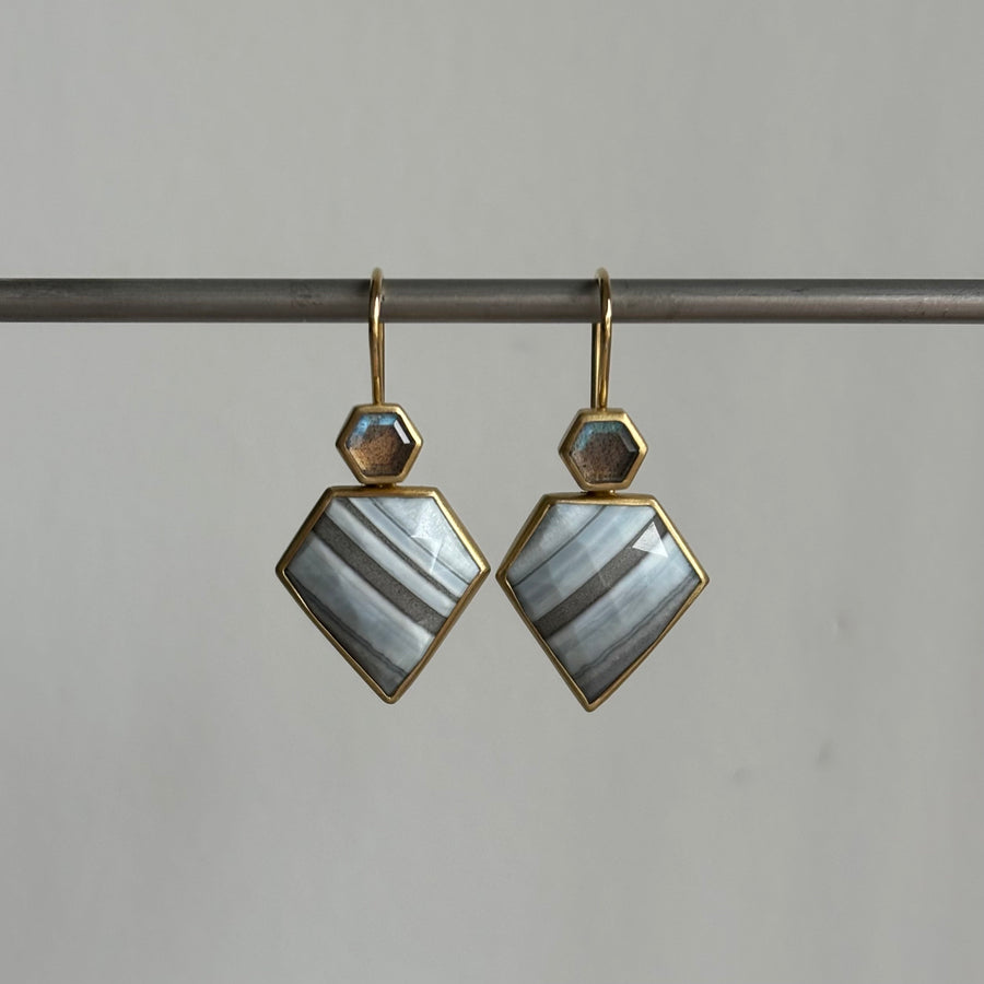 Striped Blue Opal Shield & Labradorite Hexagon Earrings by Monika Krol hanging view