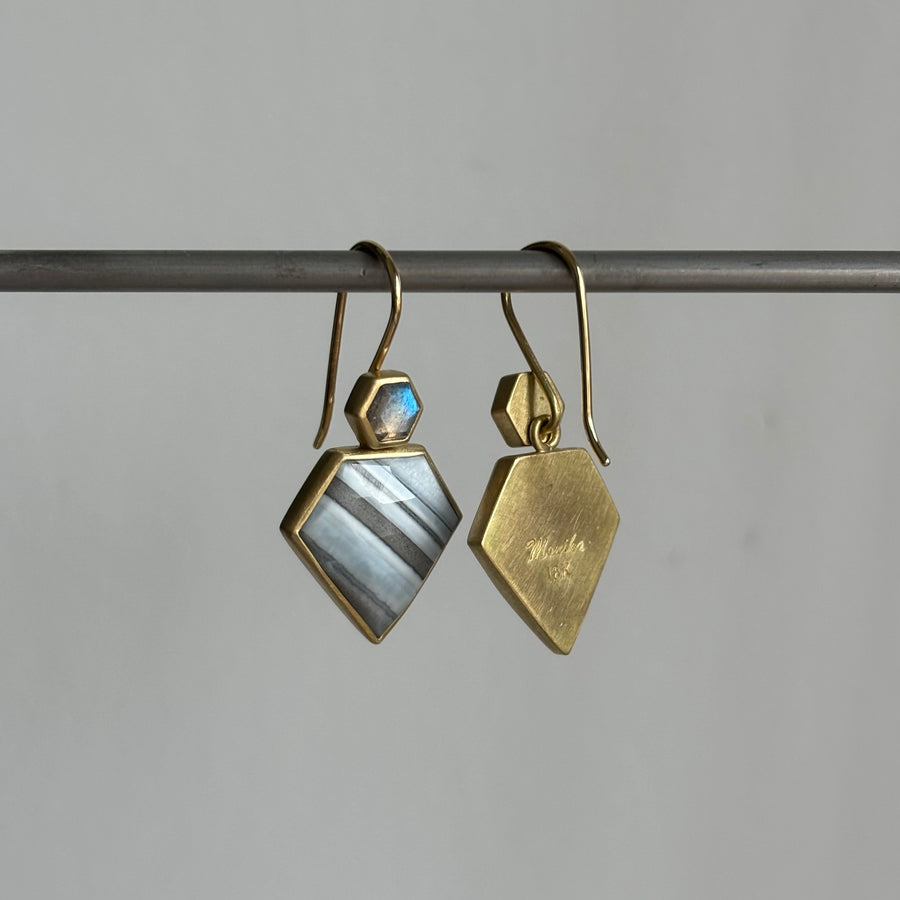 Striped Blue Opal Shield & Labradorite Hexagon Earrings by Monika Krol side view