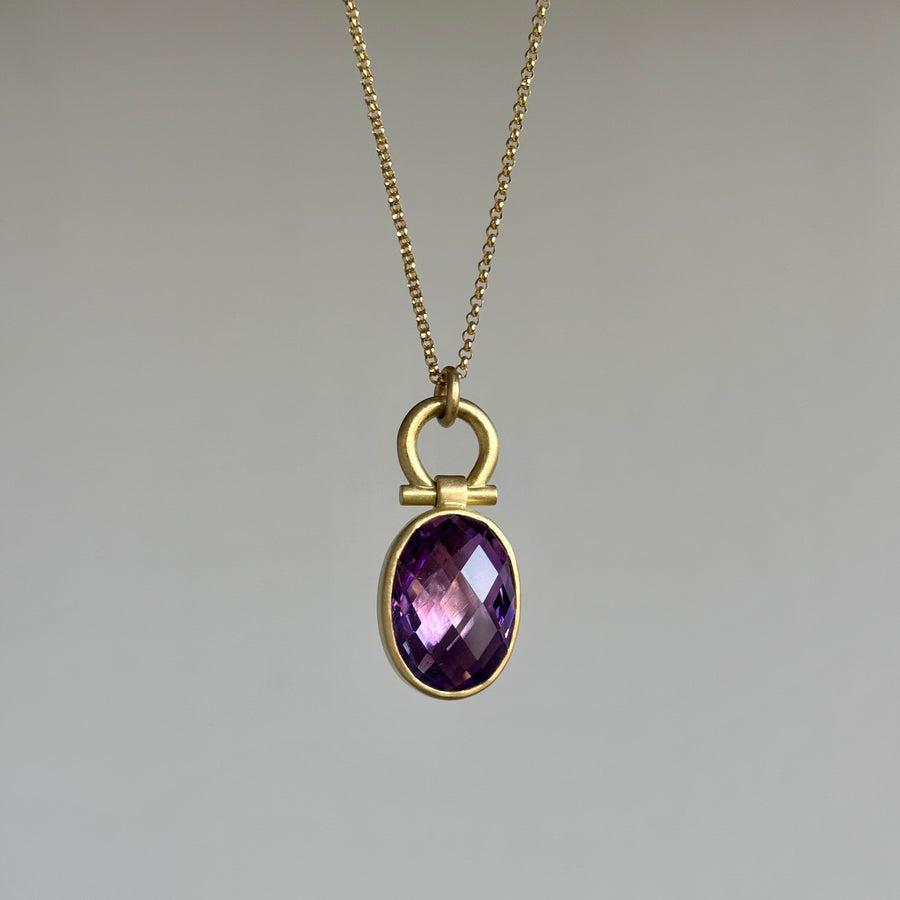 Two-Toned Rose Cut Fire Amethyst Oval Pendant by Monika Krol hanging view