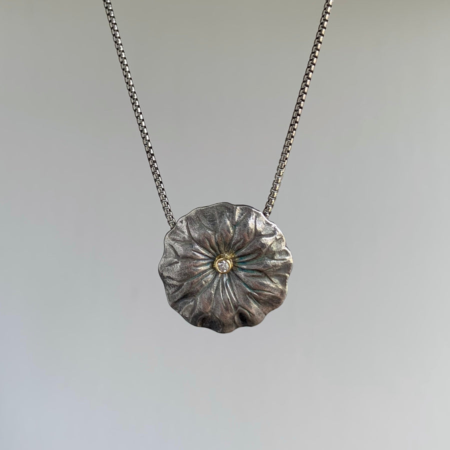 Large Silver Lotus Necklace with Diamond