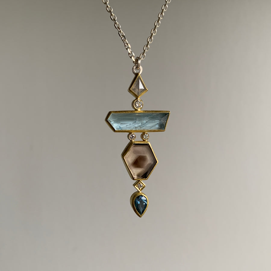 Aquamarine, Smoky Quartz, and Diamond Totem Pendant