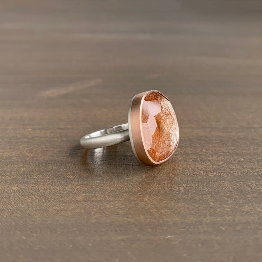 Rose Cut Copper Rutilated Quartz Ring