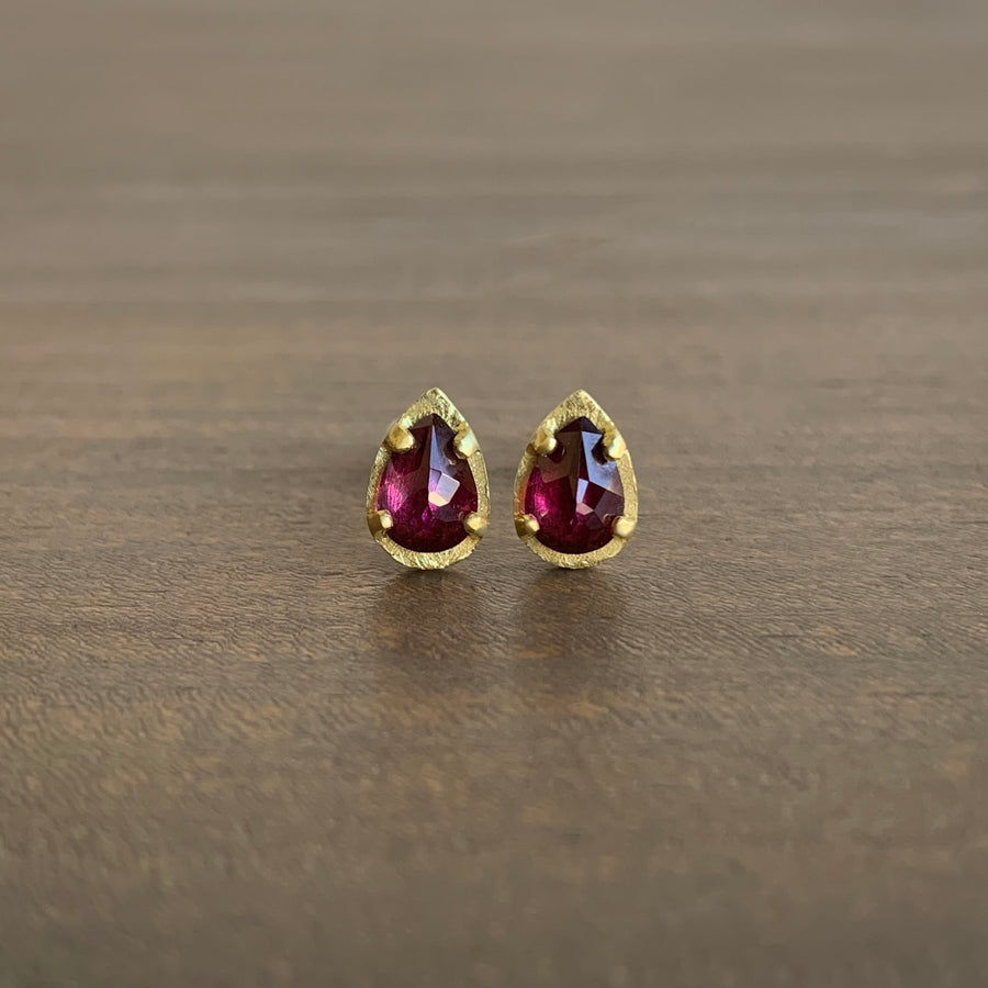 Carved Rhodolite Garnet Teardrop Studs