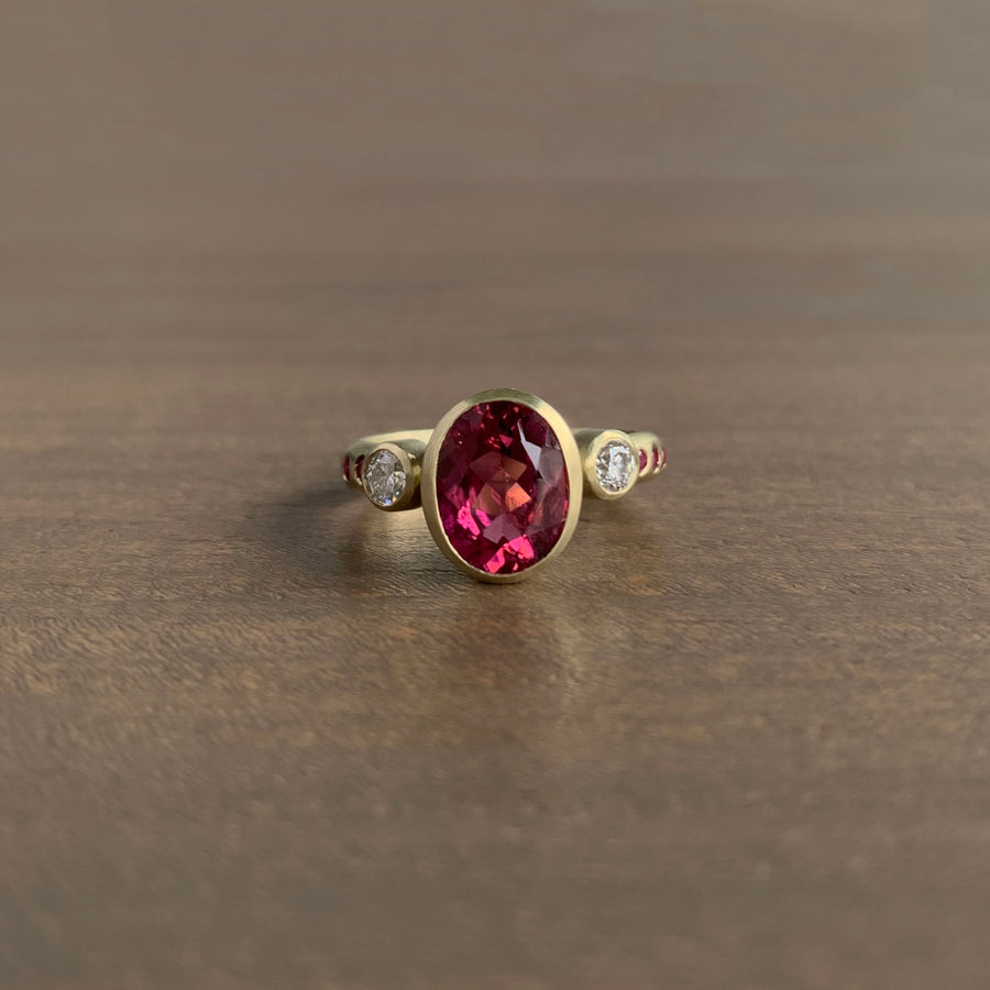 Three-Stone Ring with Rubellite, Diamonds, and Pink Sapphires