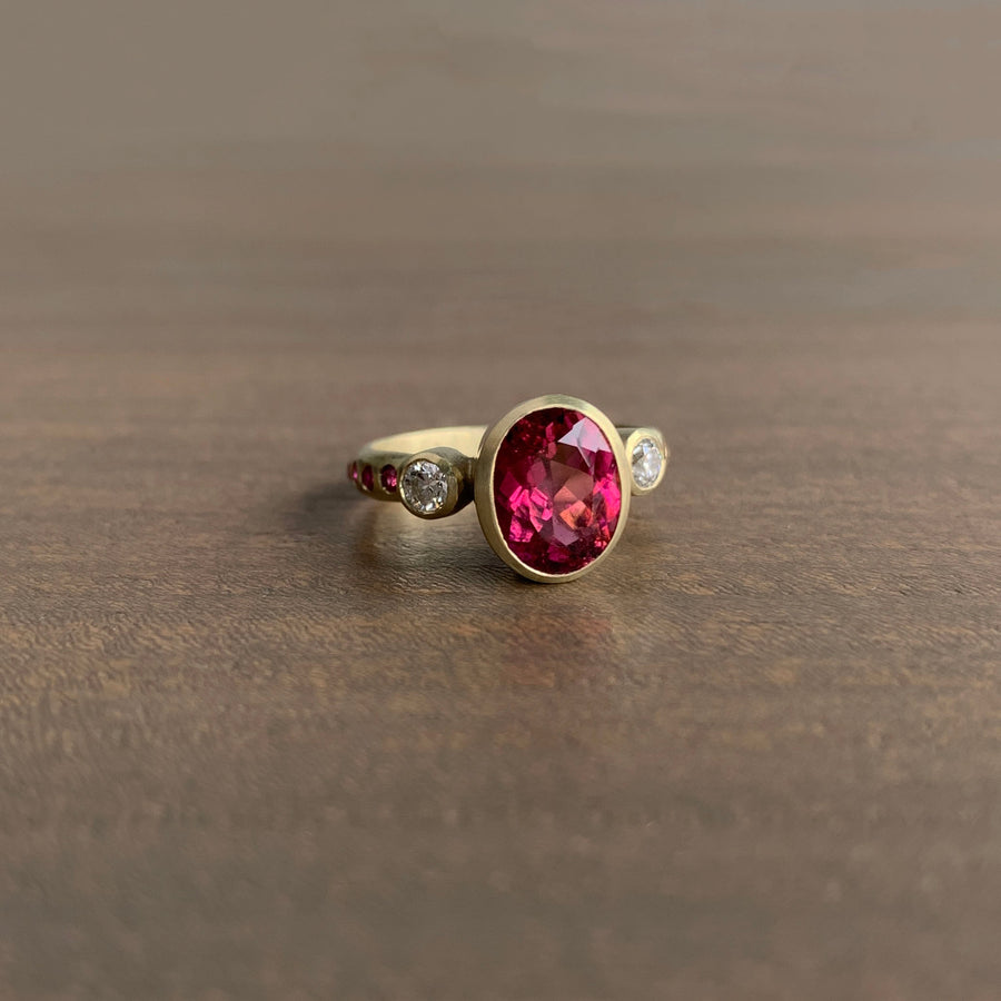 Three-Stone Ring with Rubellite, Diamonds, and Pink Sapphires