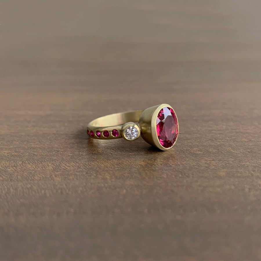 Three-Stone Ring with Rubellite, Diamonds, and Pink Sapphires