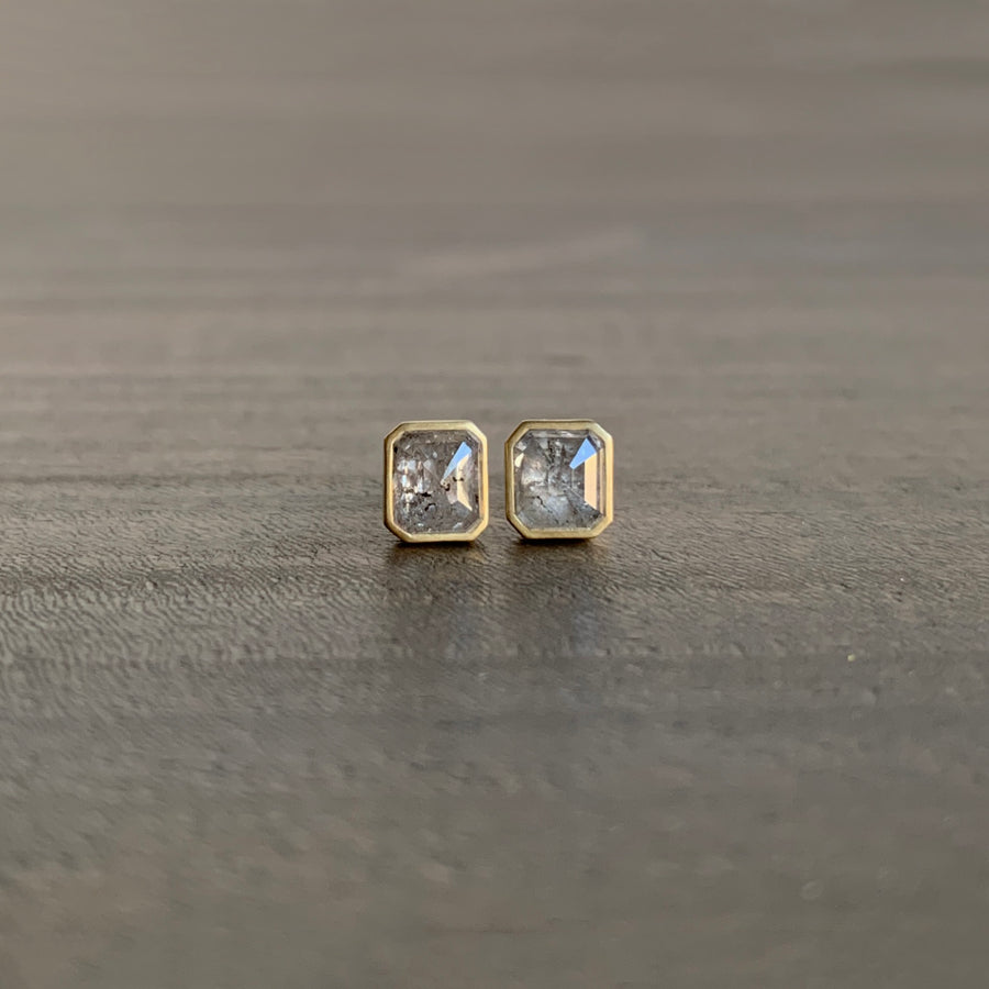 Emerald Cut Peppery Diamond Studs
