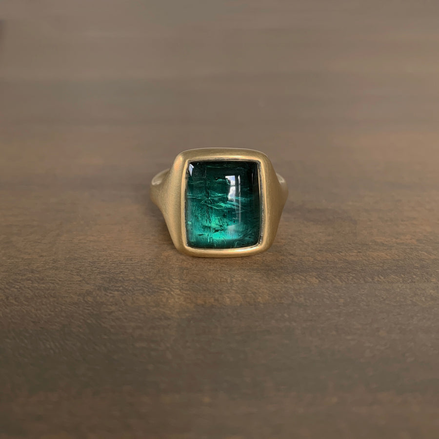 Rectangular Cushion Green Tourmaline Signet Ring