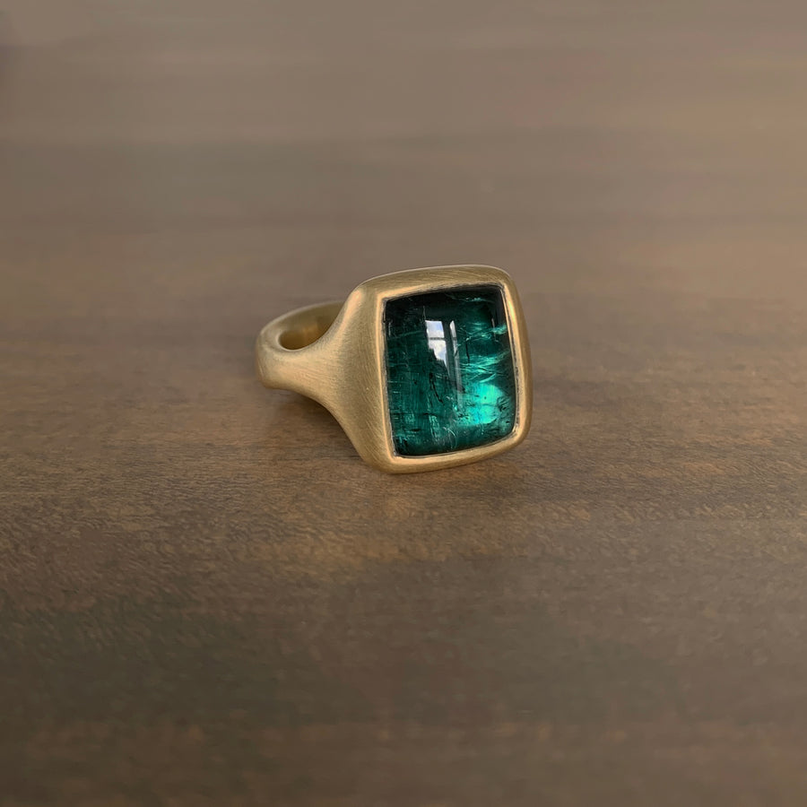 Rectangular Cushion Green Tourmaline Signet Ring