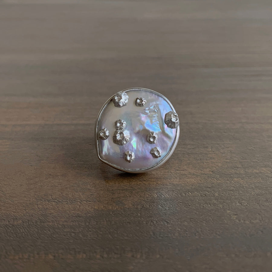 Large Coin Pearl Ring with Barnacles
