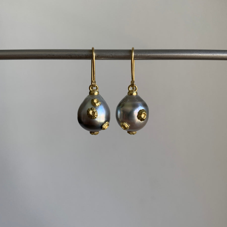 Phosphorescent Tahitian Pearl Ruthie B. Earrings with Barnacles