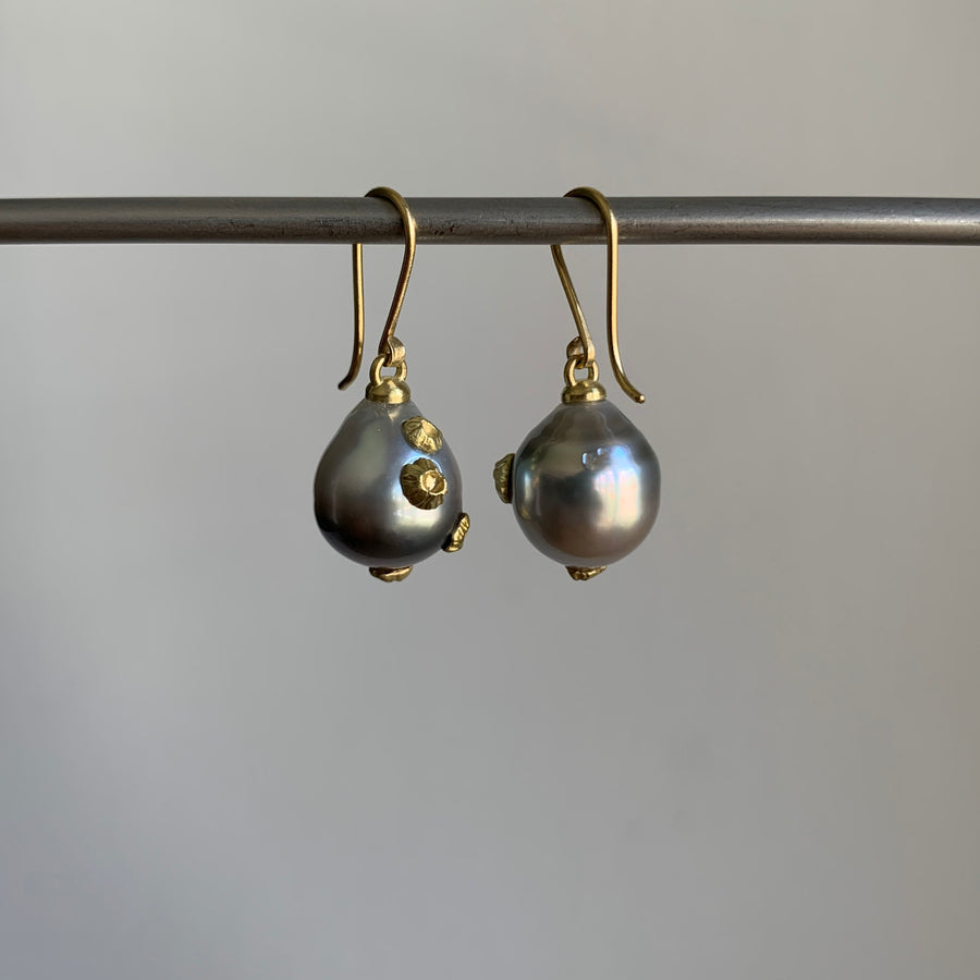 Phosphorescent Tahitian Pearl Ruthie B. Earrings with Barnacles