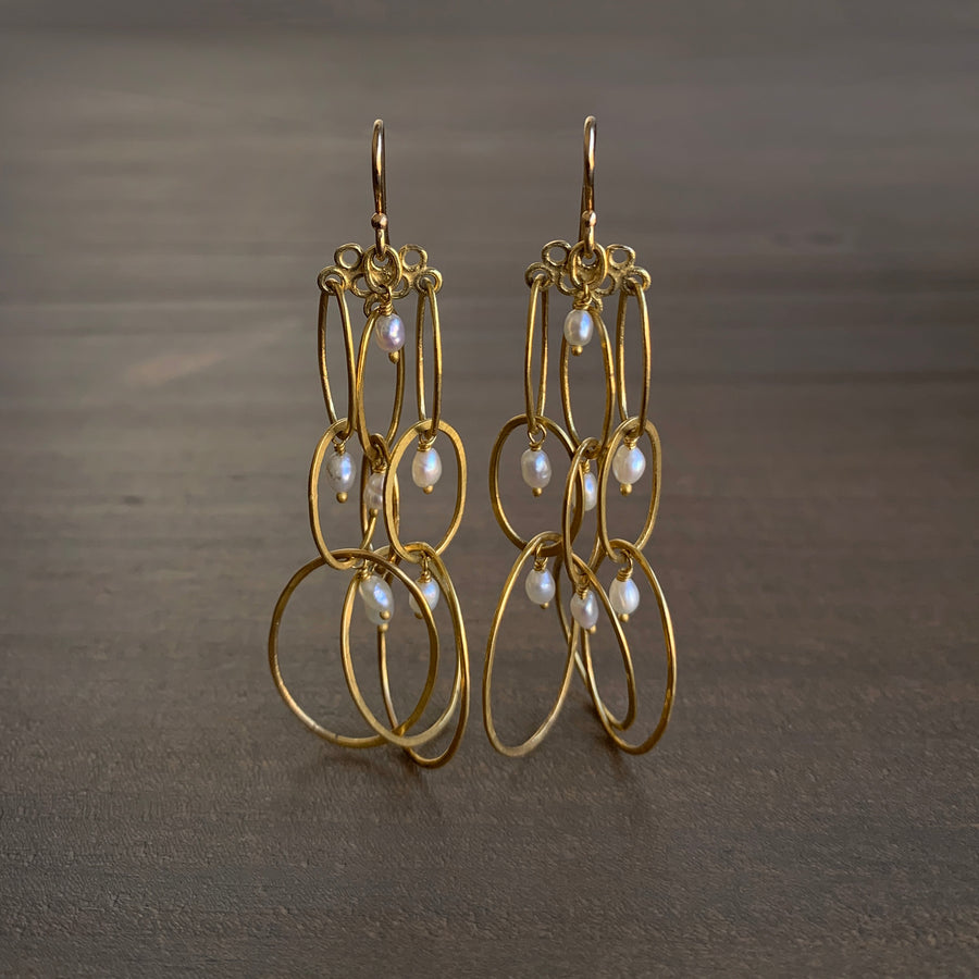 Long Layered Gold Earrings with Pearl Details